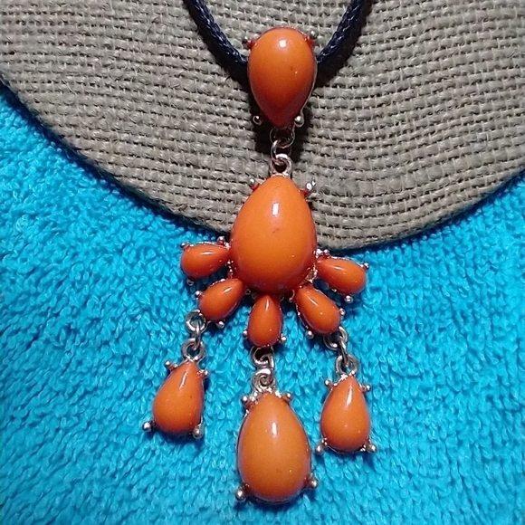 Goldtone orange abstract dangle necklace black cord - Picture 4 of 4